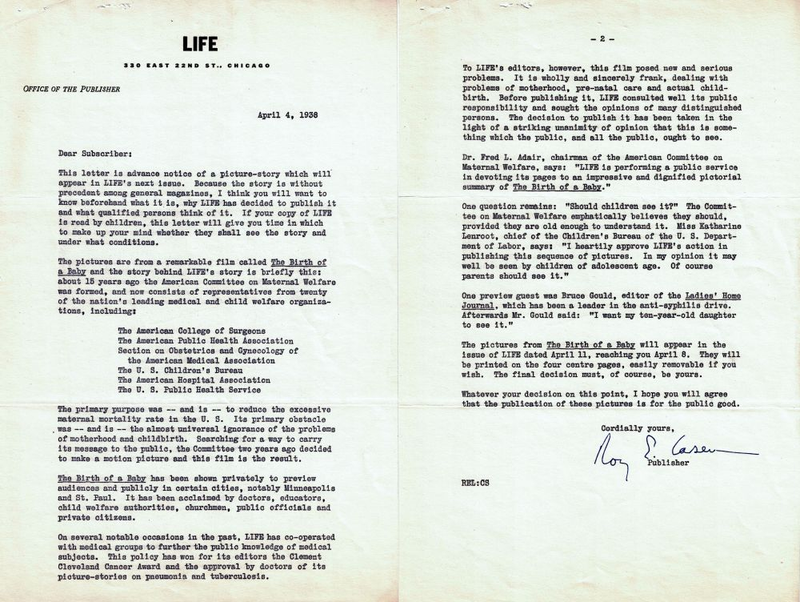 A letter preparing Life subscribers for “The Birth of a Baby.” Time Inc. subject files {MS 3009. RG 1}, New-York Historical Society.